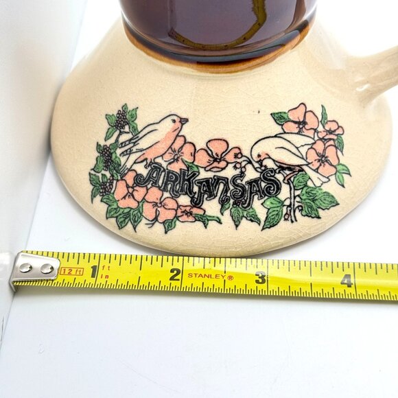 Arkansas Ceramic Pottery Mug Birds Flowers Spill-Proof Brown Beige Vtg 2 - Picture 3 of 8